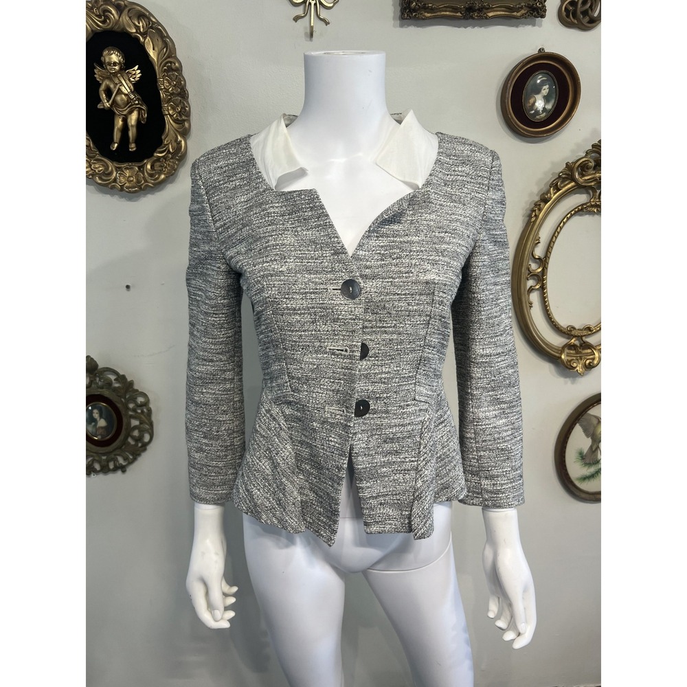 Philosophy Vintage Gray Tweed Peplum Blazer Jacket White Collar Size S